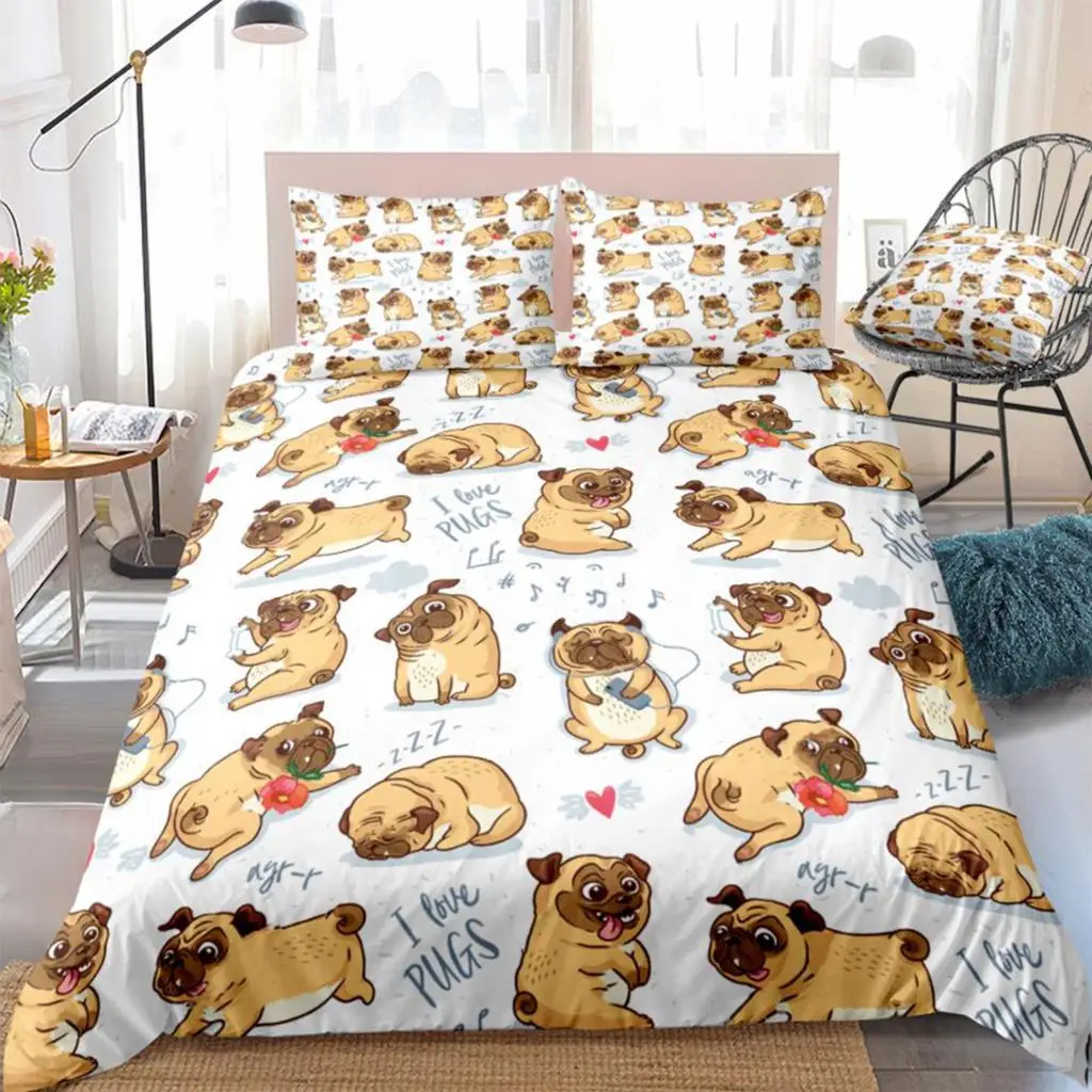 3 Pieces Cartoon Pugs Bedding Kids Boys Girls Cute Dogs Duvet Cover Set White Quilt Cover Pet Queen Home Textiles Dogs Dropship