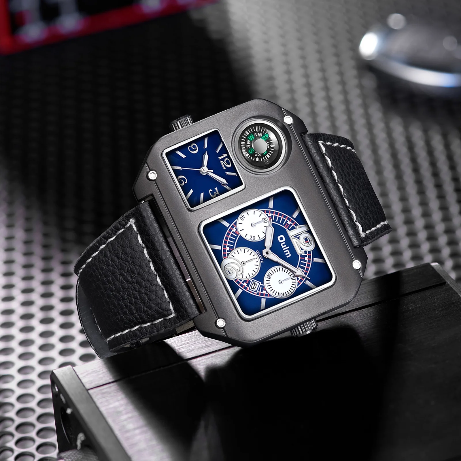 Oulm الأصلي 9150 منطقتين زمنيتين ساعة رياضية كبيرة الحجم كبيرة الحجم ساعة كوارتز رجالية بوصلة مزخرفة ساعات عسكرية للرجال #1