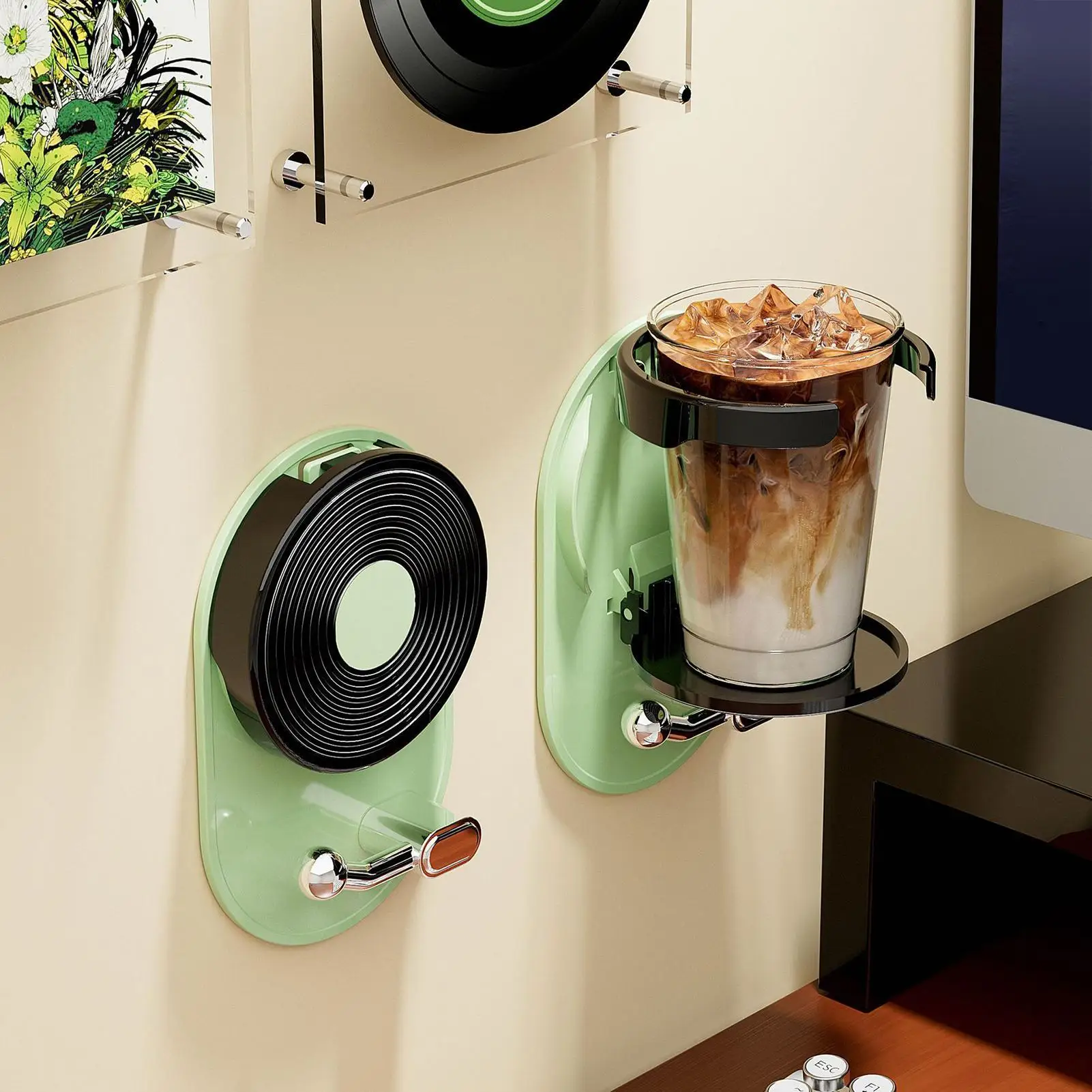 Record-Shaped Foldable Wall-Mounted Cup Holder Plastic Space Saving Cup Storage Rack No Punching Decorative Drink Holder Office