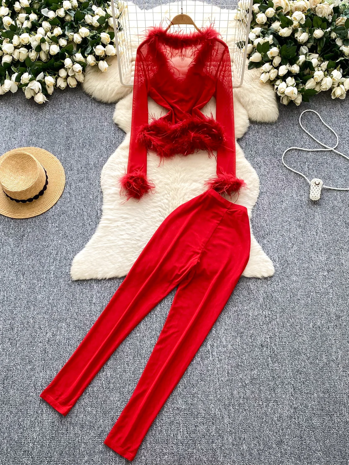 

Sexy Splice Long Sve Me Top High Waist Bodycon Casual Pants Two Piece Set Women's Faion Summer Outfit V Ne Cardigan