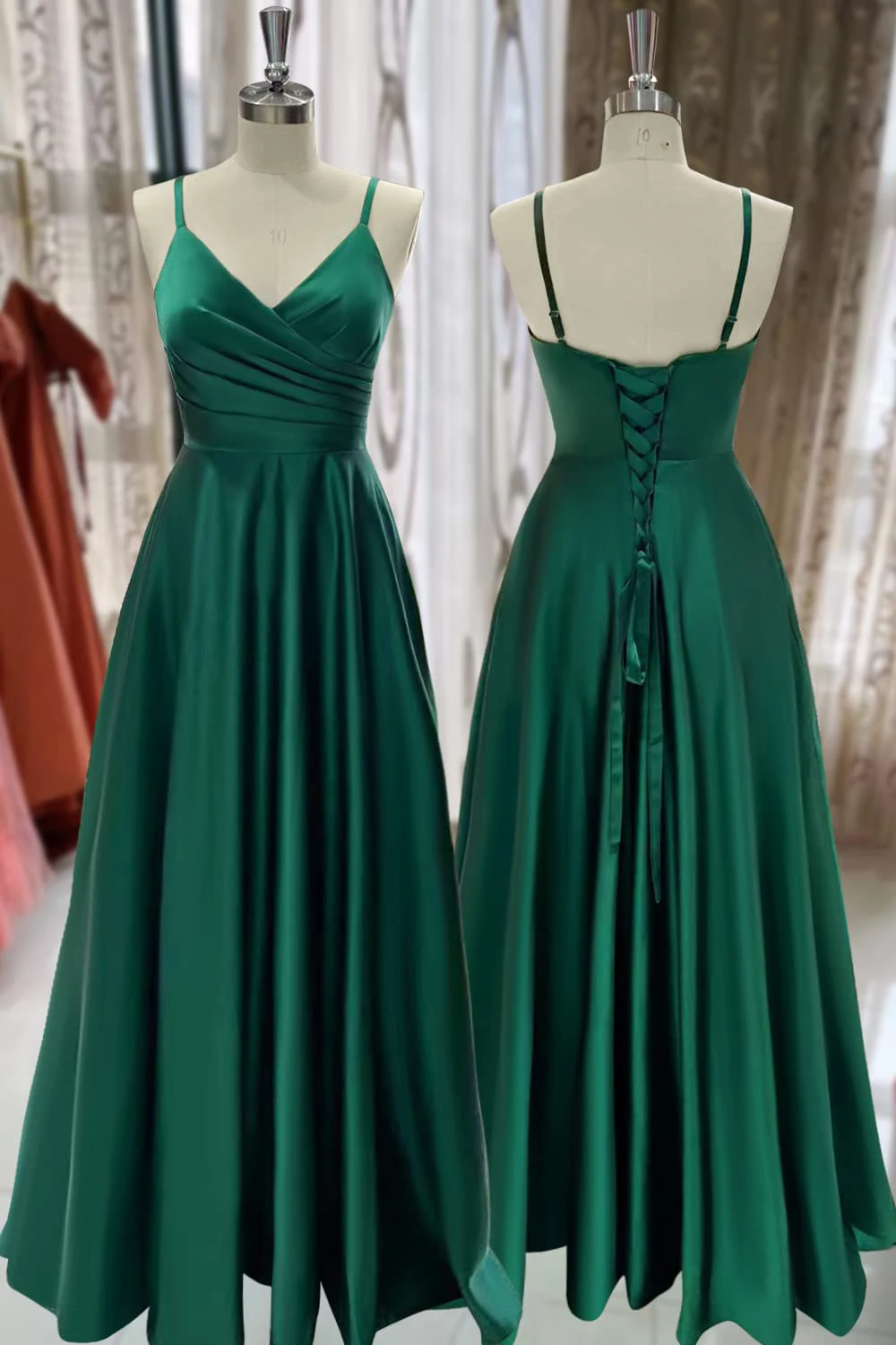 2024 Women's V-Neck Satin Spaghetti Strap Prom Dress Pleated Slit Ball Gowns Backless Lace-up Floor-Length Formal Evening Dress