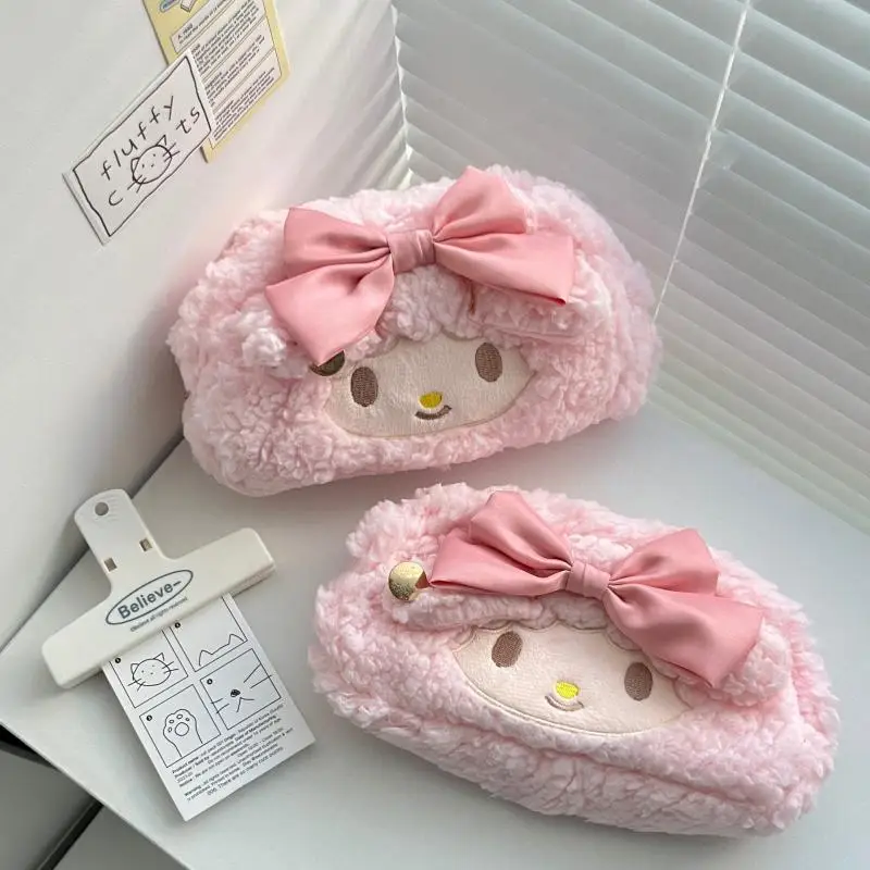 Kawaii Sanrio Melody Fashionable Latest Pink Plush High Aesthetic Girl's Present Heart-Shaped Pencil Case with Large Capacity