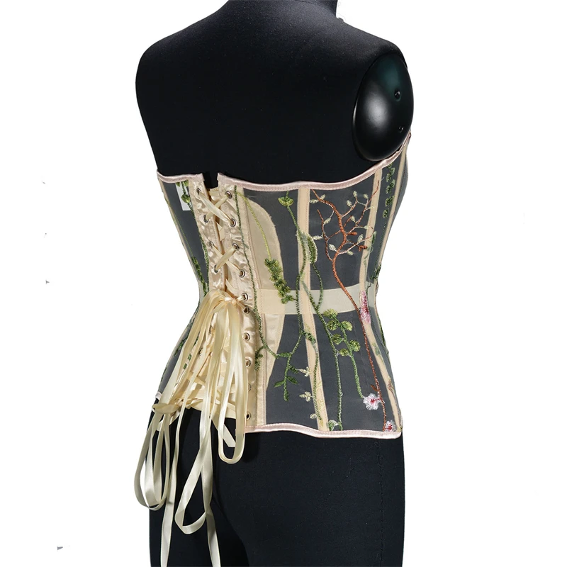 

Women Floral Hollow Out Corset Bustier Boned Waist Trainer Transparent Mesh Lace Up Bodice Tight Tops Stage Costume