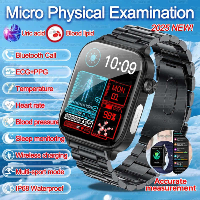 

2025New ECG+PPG Smart Watch Men Blood Lipid Uric Acid Health Monitor Bluetooth Call Micro Physical Examination Health Smartwatch