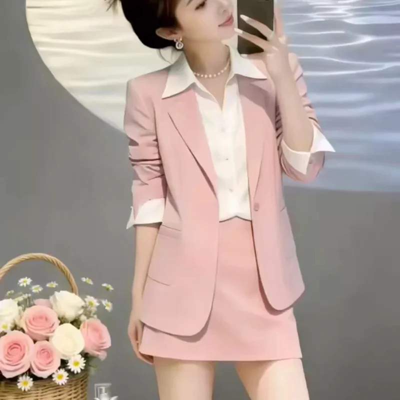 

Новый корейский модный женский деловой костюм: элегантный приталенный пиджак с длинными рукавами и мини-юбка, однотонный розовый комплект из 2 предметов