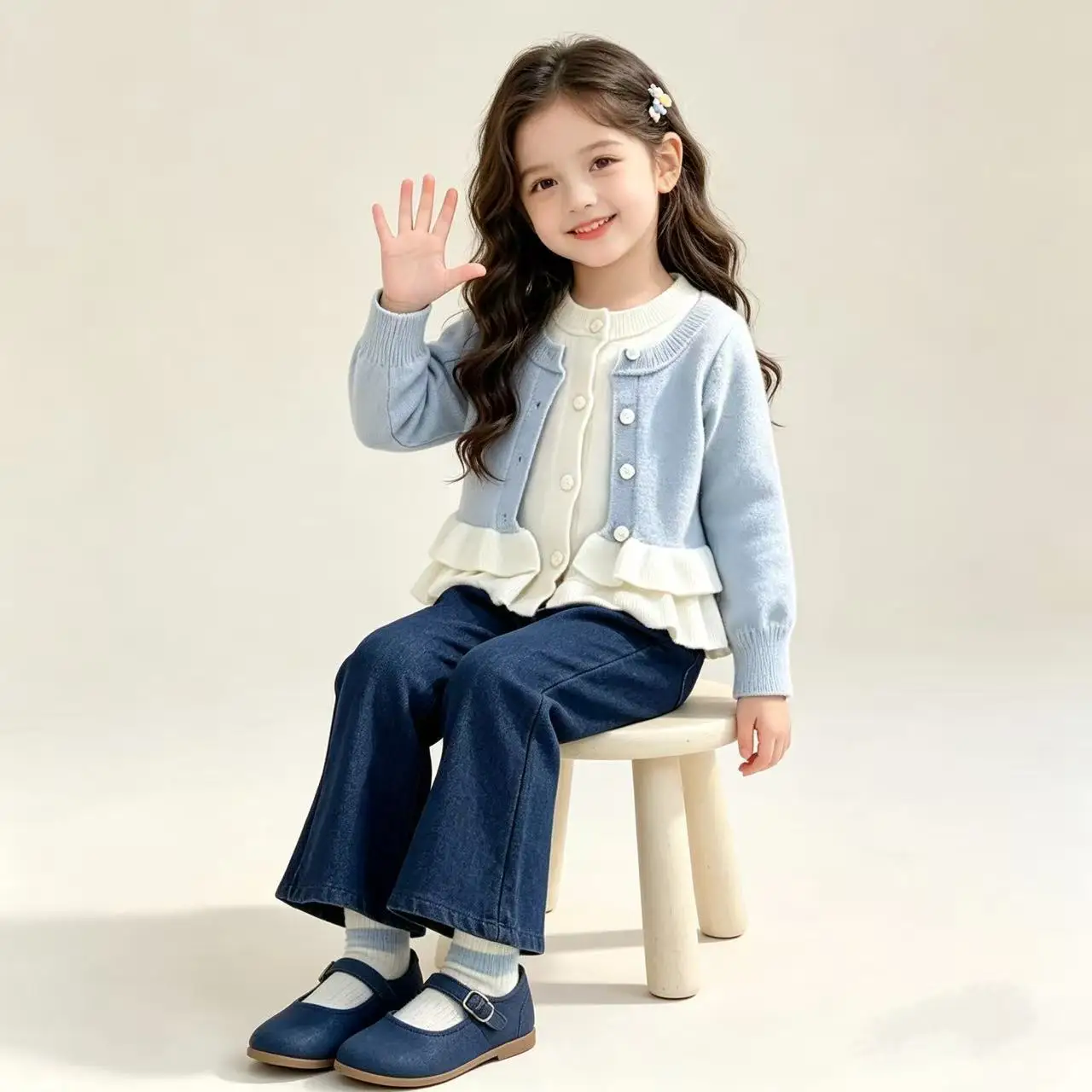 Girl's Fake Two-piece Lace Autumn/winter 2026 New Item for Baby Girls Korean Solid Color Knitted Jacket Jeans