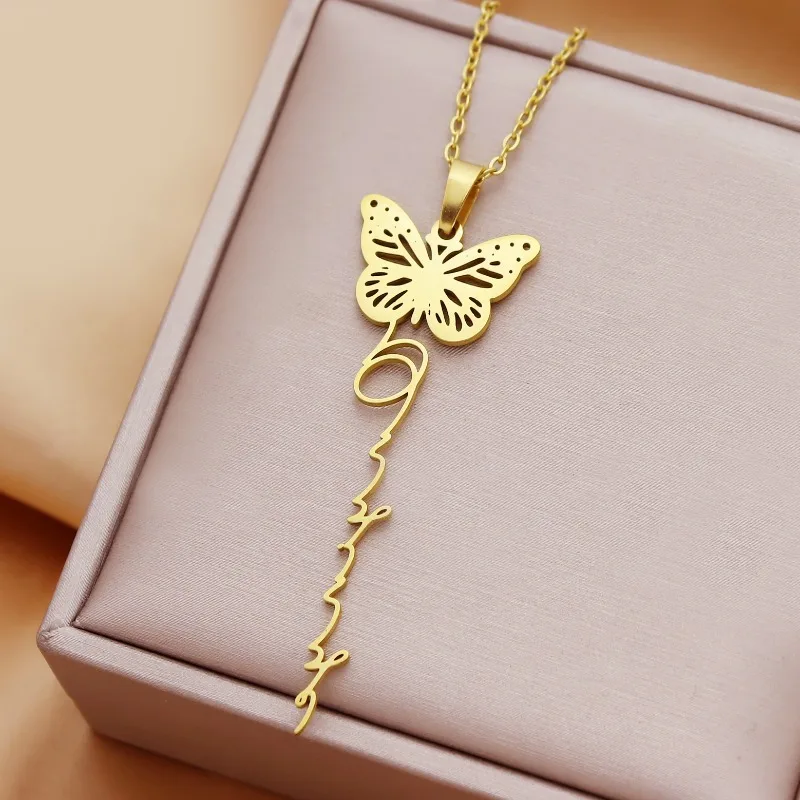 

Name Pendant Custom Necklace Hollow Butterfly Design Personalized Golden Choker Stainless Steel Necklaces For Women Jewelry Gift