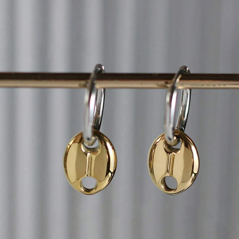 Silver Gold Color Mixed Geometric Charm Hoop Drop Earrings Hallow Out Coffee Bean Shape Charm Dangle Earrings Ins Style Jewelry