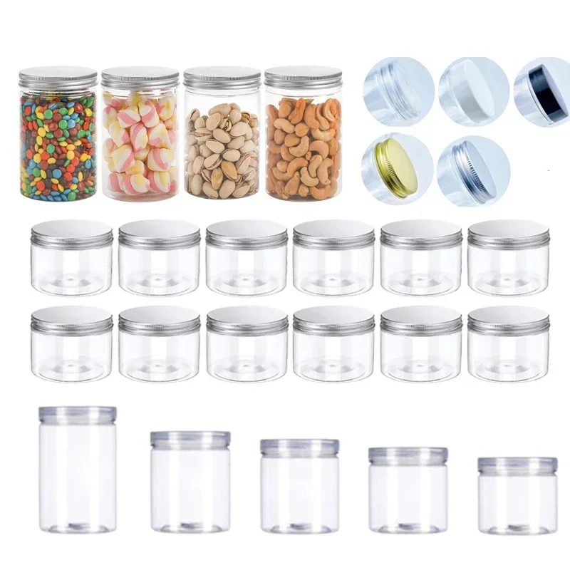 Frascos recarregáveis de plástico transparente, 5 peças 150-580ml com tampas de alumínio cilindros retos recipientes para carga seca amendoim doces james