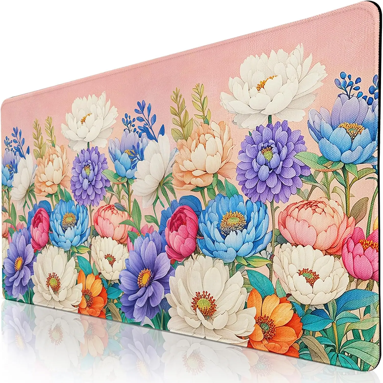 Colorful Peony Large Desk Mouse Pad, Mixed Bright Wild Blooms Pink Background Floral Print, Non‑Slip Mat For Gaming Office Desk