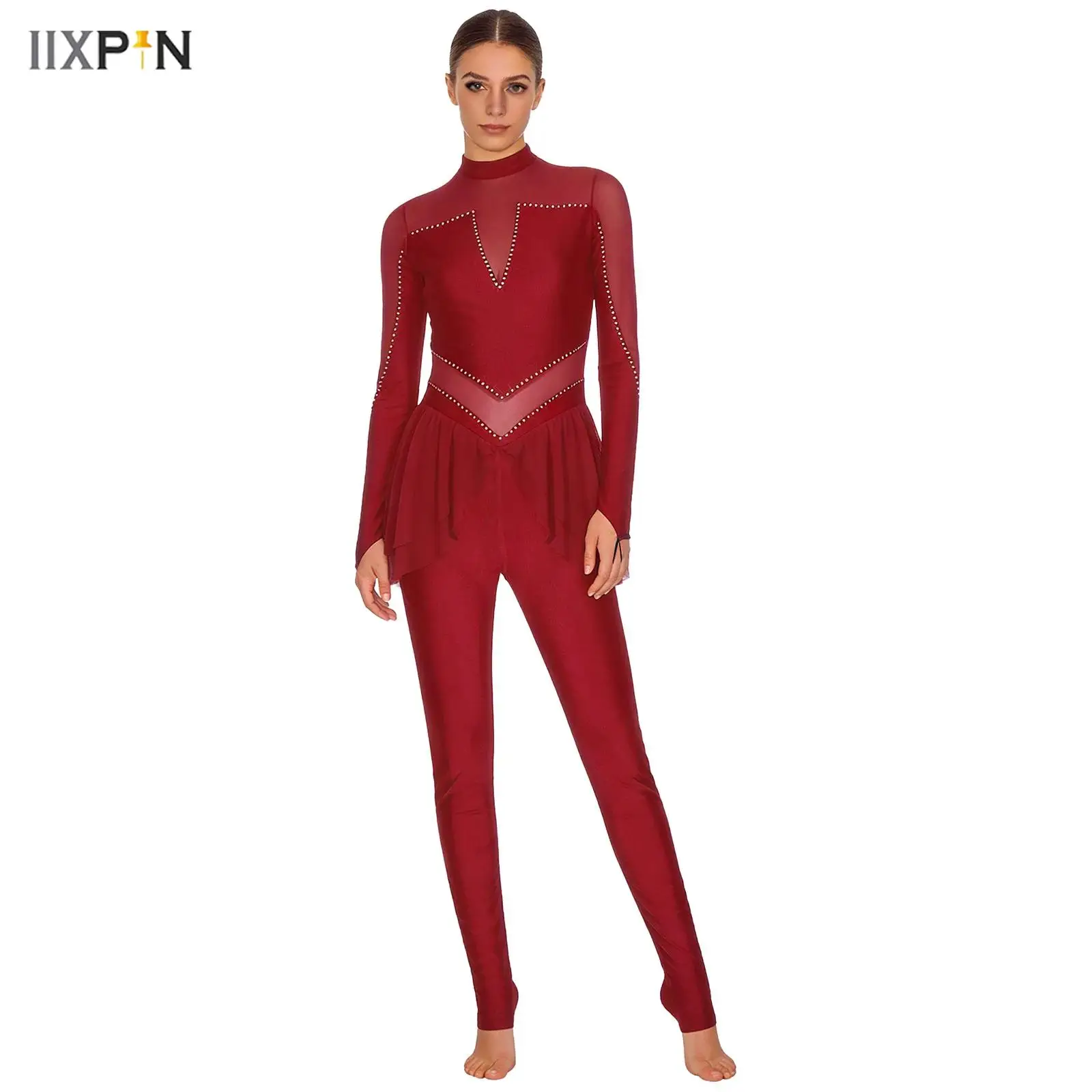 

Women Figure Skating Jumpsuit Sheer Mesh Patchwork Shiny Rhinestone Long Sleeve Leggings Unitard Bodysuit for Gymnastics Sports
