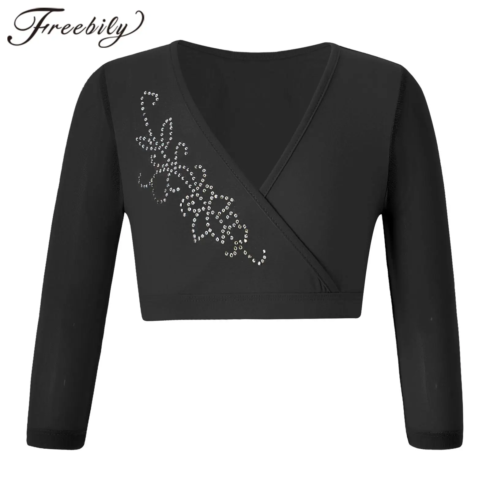 

Kids Girls Ballet Wrap Top Crisscross Front Shiny Rhinestone Long Sleeve Dance Crop Tops For Gymnastic Leotard Dancing Coat