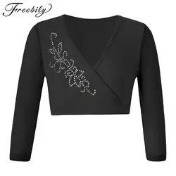 Kids Girls Ballet Wrap Top Crisscross Front Shiny Rhinestone Long Sleeve Dance Crop Tops For Gymnastic Leotard Dancing Coat