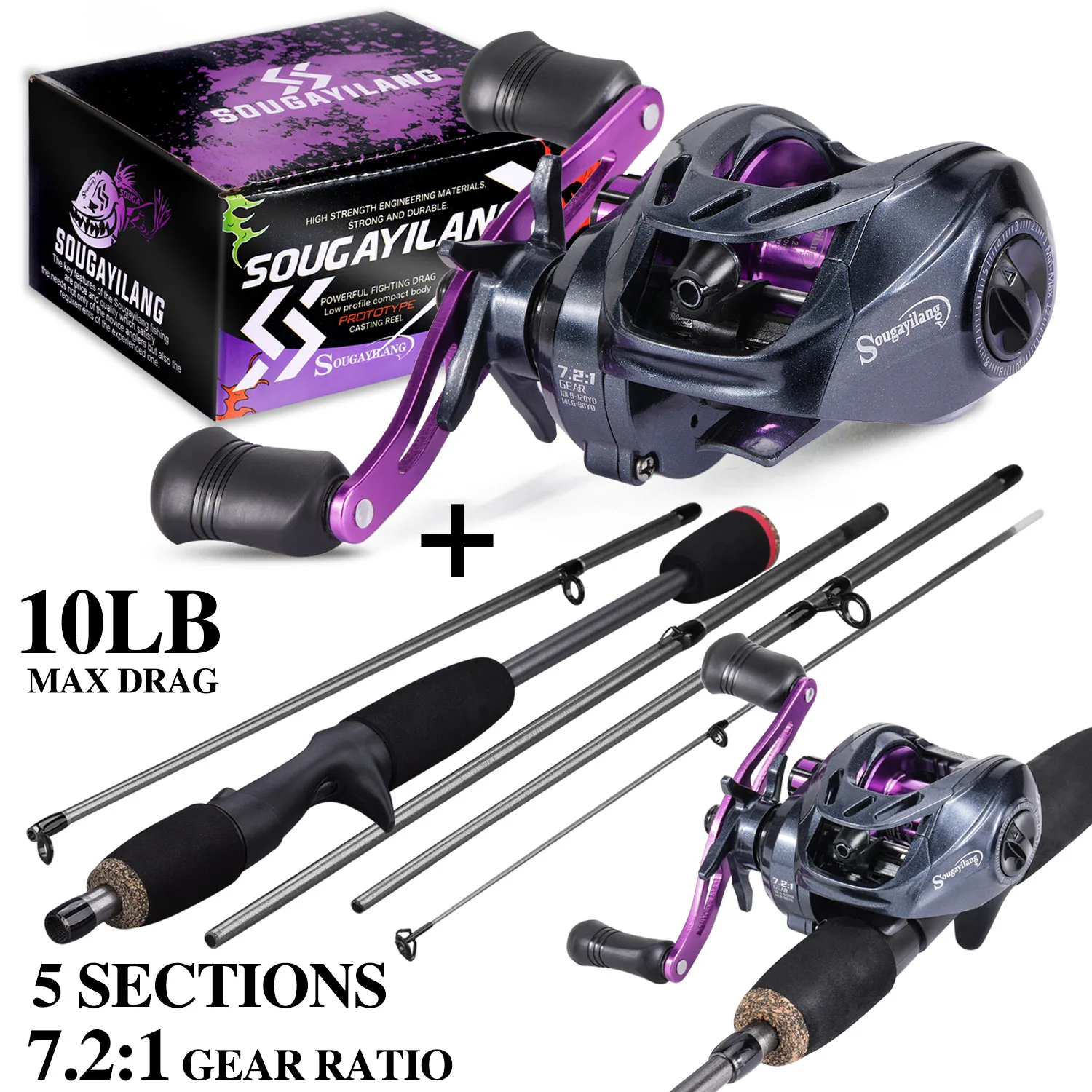 Sougayilang Lure Fishing Combo 5 Sections 170CM Carbon Fiber Fishing Rod and 8+1BB Baitcasting Reel Travel Fishing Set Pesca