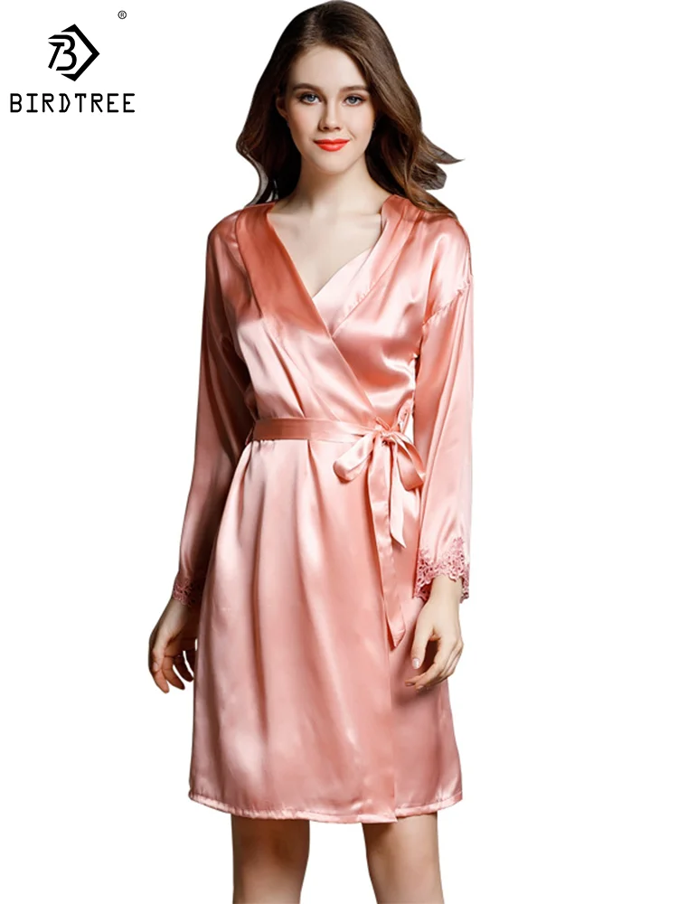 Birdtree 100%Real Silk Robe for Women, Silky Satin V-Neck, Elegant Natural Simple Pajamas, 2024 Spring New Nightgown P41022QM