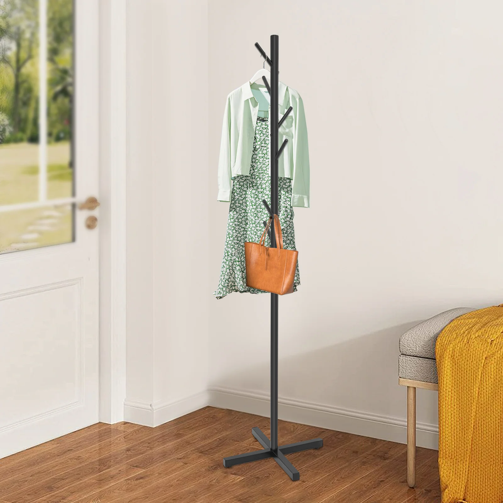 7 Hooks Tree-shaped Clothes Rack, Free-Standing Coat Rack, Metal Clothes Rack Black for Entrances, Cloakrooms, Hallways, Foyers