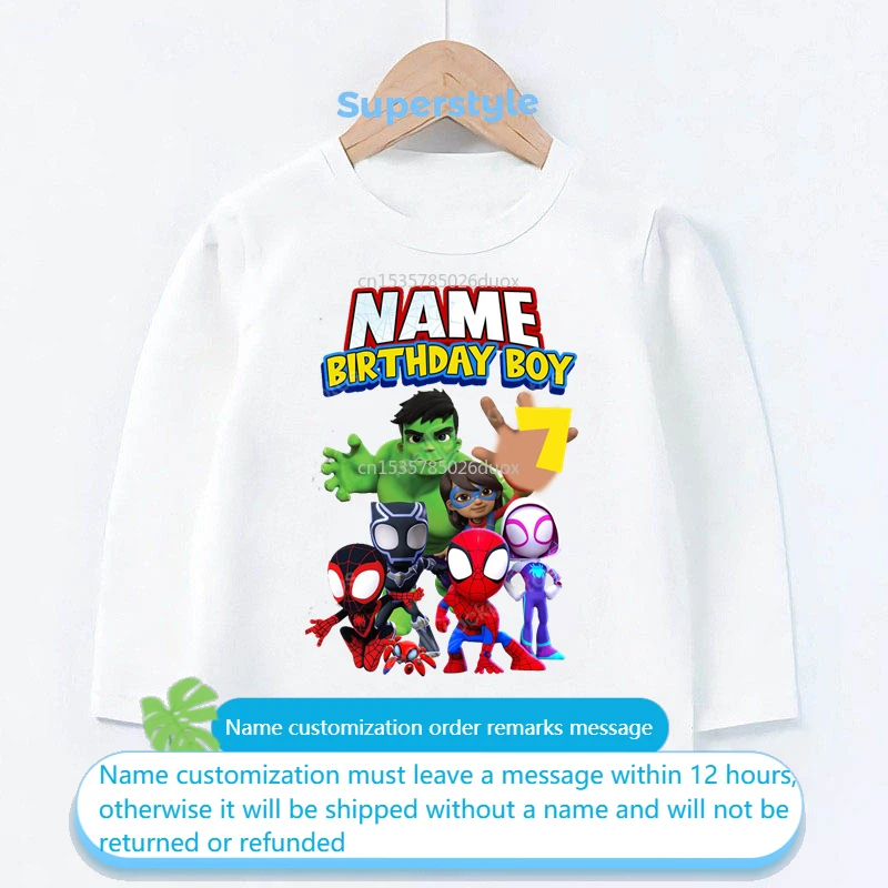 

NEW Autumn 2024 MARVEL Superhero Birthday Long Sleeve T-Shirt 3 4 5 6 7 Spiderman The Hulk Customized Name Birthday Kid Clothes