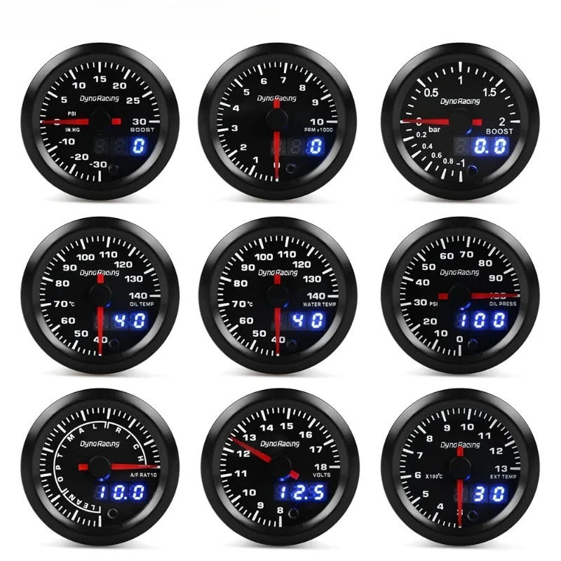 

Dynoracing 2" 52mm 7 Colors LED Dual Display Boost Water Oil temp Oil pressure Voltmeter Air fuel Ratio EGT Tachometer Car Gauge