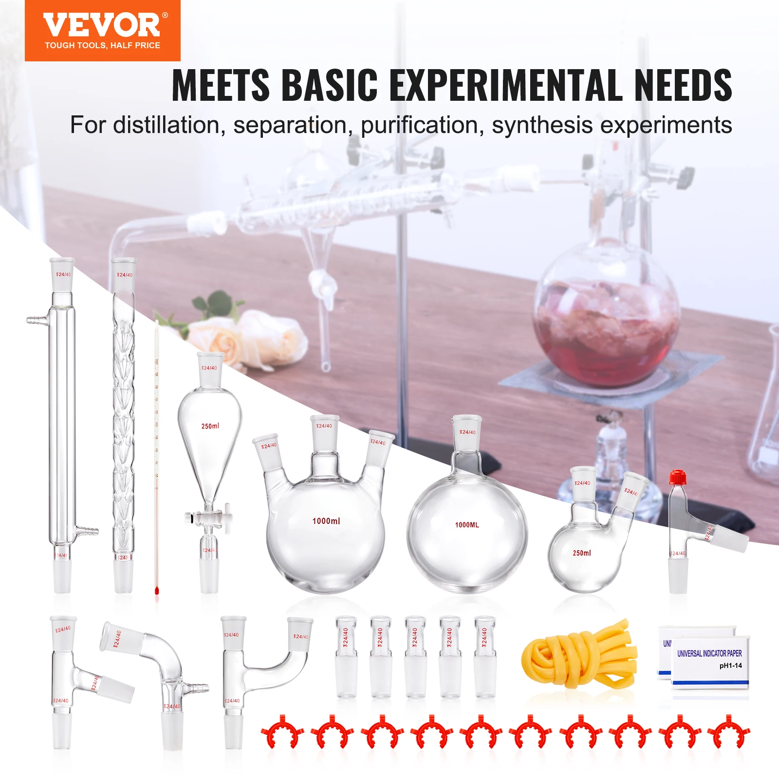 VEVOR 29PCS Essential Oil Distillation Kit 1000ml Distillation Apparatus 3.3 Boro Lab Glassware with Alcohol Lamp Ceramic Mesh