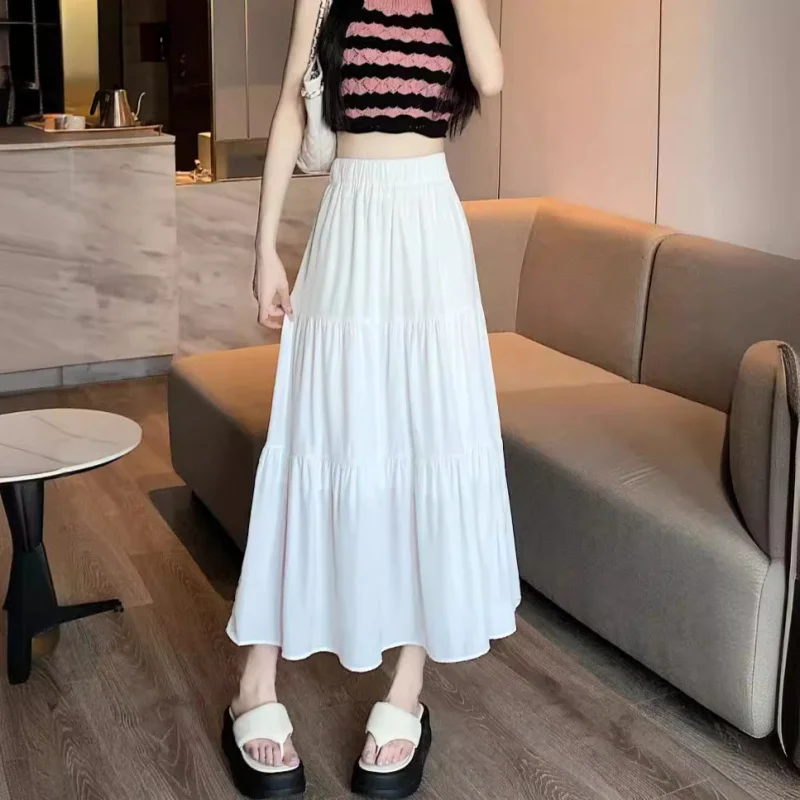 

White Half Skirt for Women Spring Summer2024New Elastic High Waist Slimming Mid-Length Tiered-Ruffle Dress Umbrella Skirtins