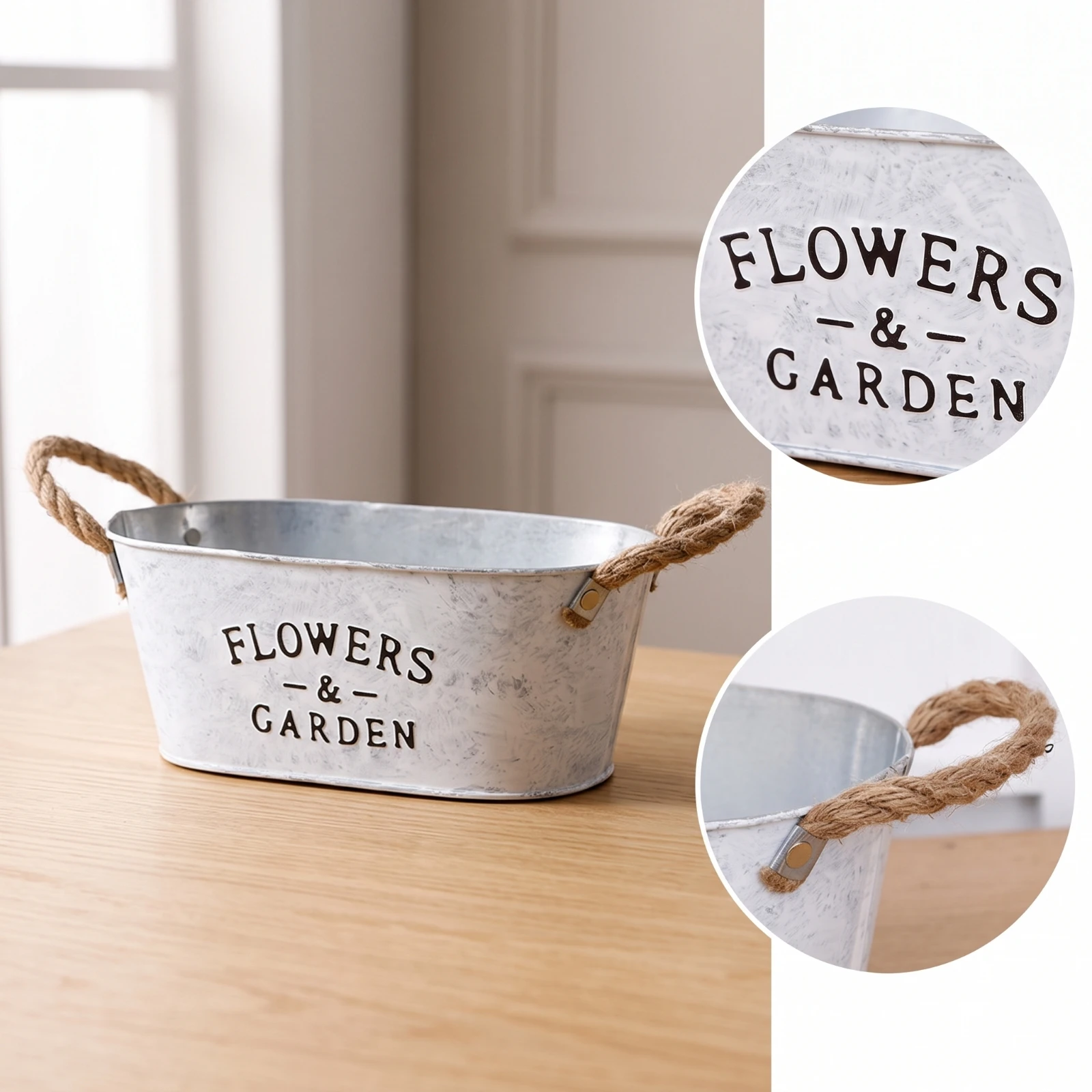 Oval Planter with Handles Whitewashed Planter with Rope Handles Metal Flower Container Rustic Planters Vintage for Gardeners