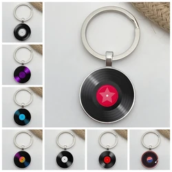 Creative retro vinyl record picture keychain charm phonograph record glass dome keyring Music Lovers Gift Wholesale And Retail