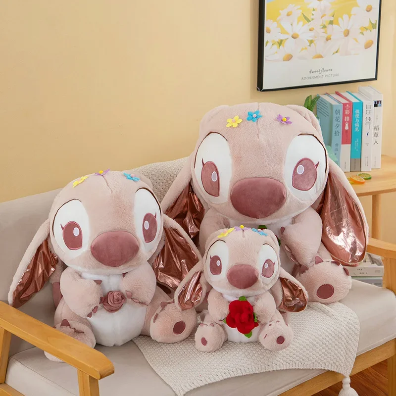 40/55cm Disney Angel Stitch Embracing Flowers Plush Cartoon Soft Stuffed Doll Pillow Decoration Girl Valentine's Day Gifts