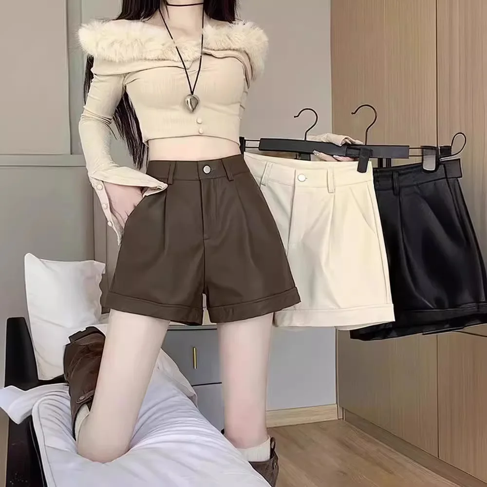 

Cross-Border American Style PU Leather Shorts Women, Solid Color, High Waist, Loose Wide-Leg A-Line Casual Leggings For Autumn