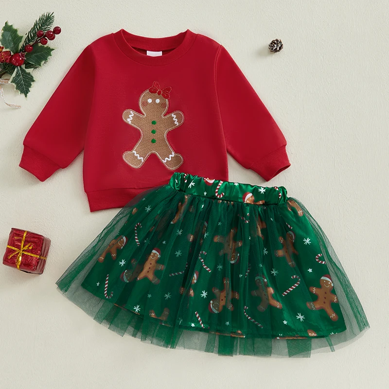 Toddler Girls Christmas Outfits Long Sleeve Gingerbread Sweatshirt + Tulle Skirt Set 2 Pieces Baby Clothes Sets