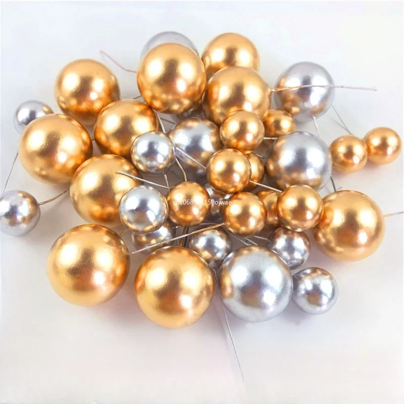 10Pcs Balls Cake Toppers 2-4cm Gold Silver Skin Brown Boho Balls Cake Topper for Birthday Wedding Cake Decorating Accessories