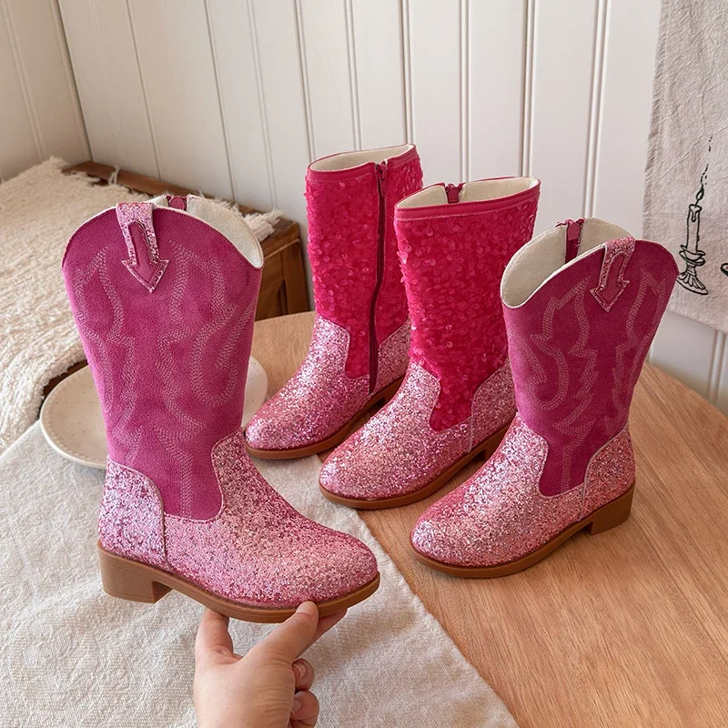 Kids Girls Pink Glitter Western Cowboy Boots, Embroidered Design, Side Zipper, Non-slip Sole for Dress-up & Casual Wear EU Size