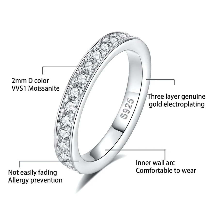 Tbestone 2.0mm D vvs1 Moissanite Wedding Band Ring 925 Sterling Silver Eternity Band Engagement Rings For Women 2023 New Jewelry