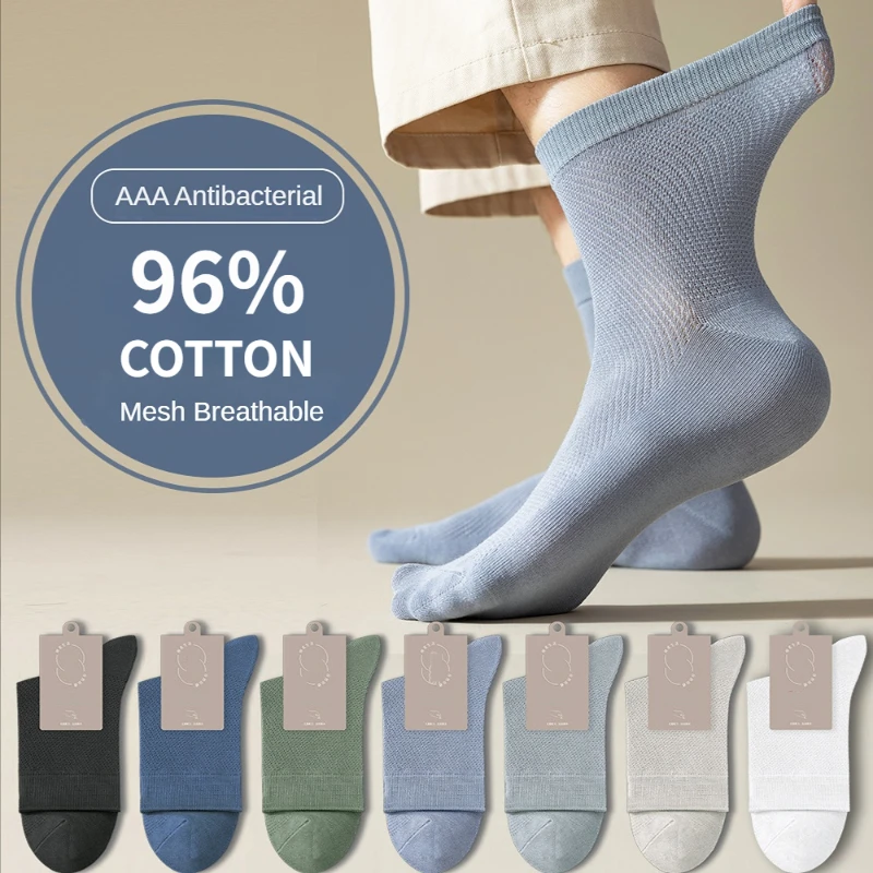 Chaussettes en Maille Respirante pour Homme, 96% Pur Coton, Antifavorables, Dépistolet ant d'Affaires, Décontractées, Solides, pour Document, Haute Qualité, Été, 5 Paires