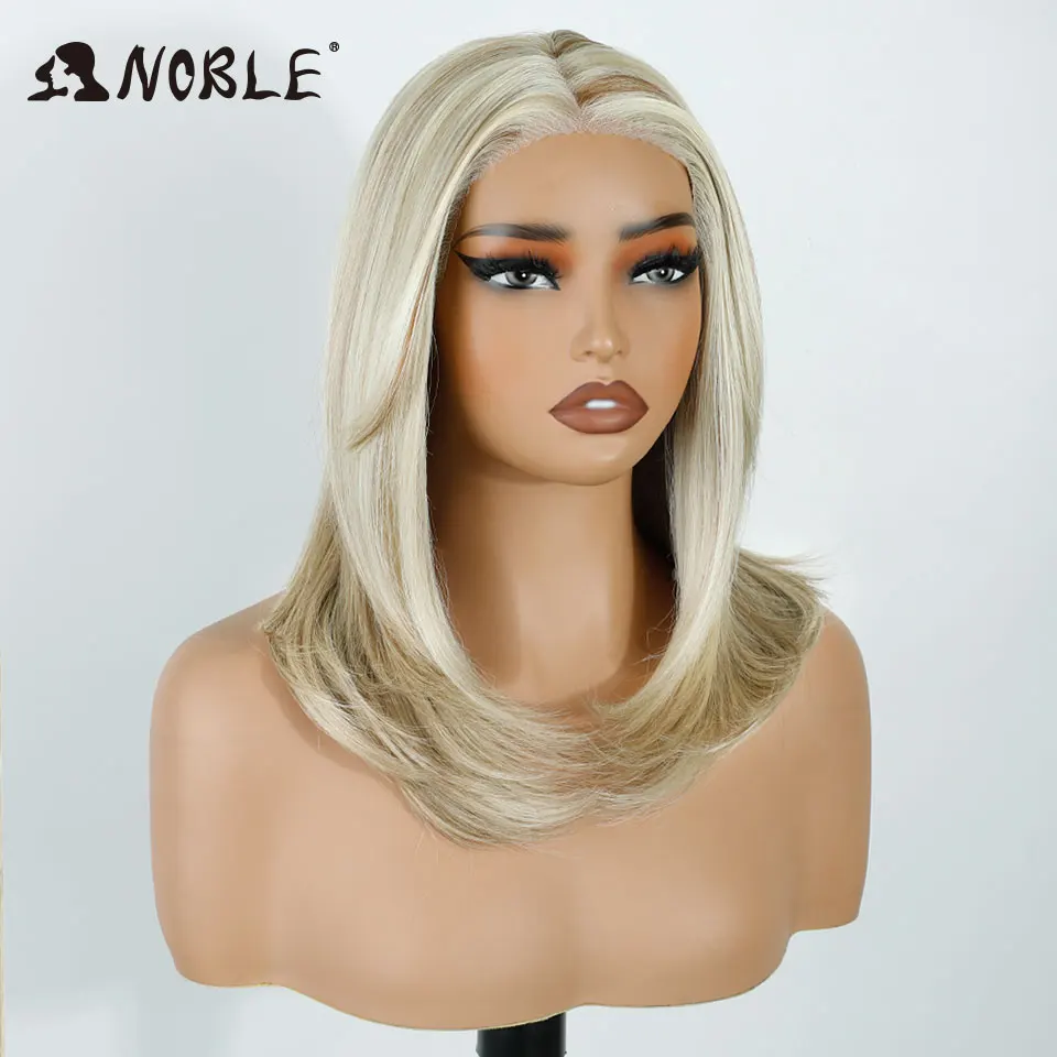 Edle synthetische Lace-Front-Perücken für Damen, 16 Zoll, mit freiem Scheitel, vorgezupft, gerade geschnitten, mit Lace-Perücke, Ombré-Braun-Blond, Cosplay-Perücke. – Detail 5