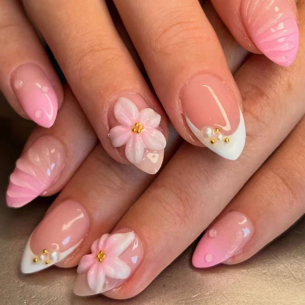 24pcs Almond 3d gel nails Whale pattern Decorate with Pearl 