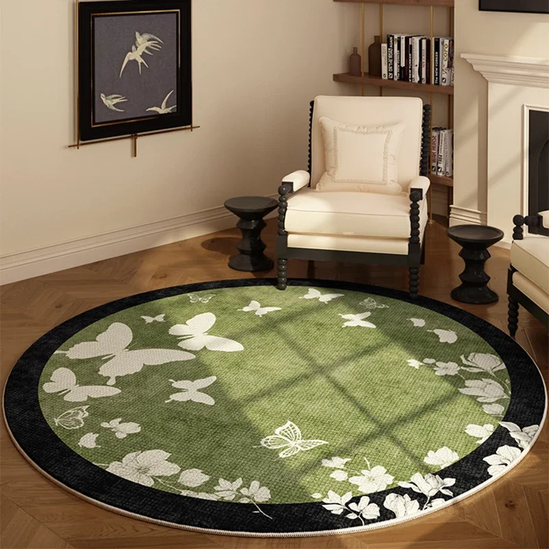 French Style Bedroom Decor Round Carpet Flower Pattern Carpets for Living Room Anti-slip Cloakroom Soft Mat Washable Green Rug