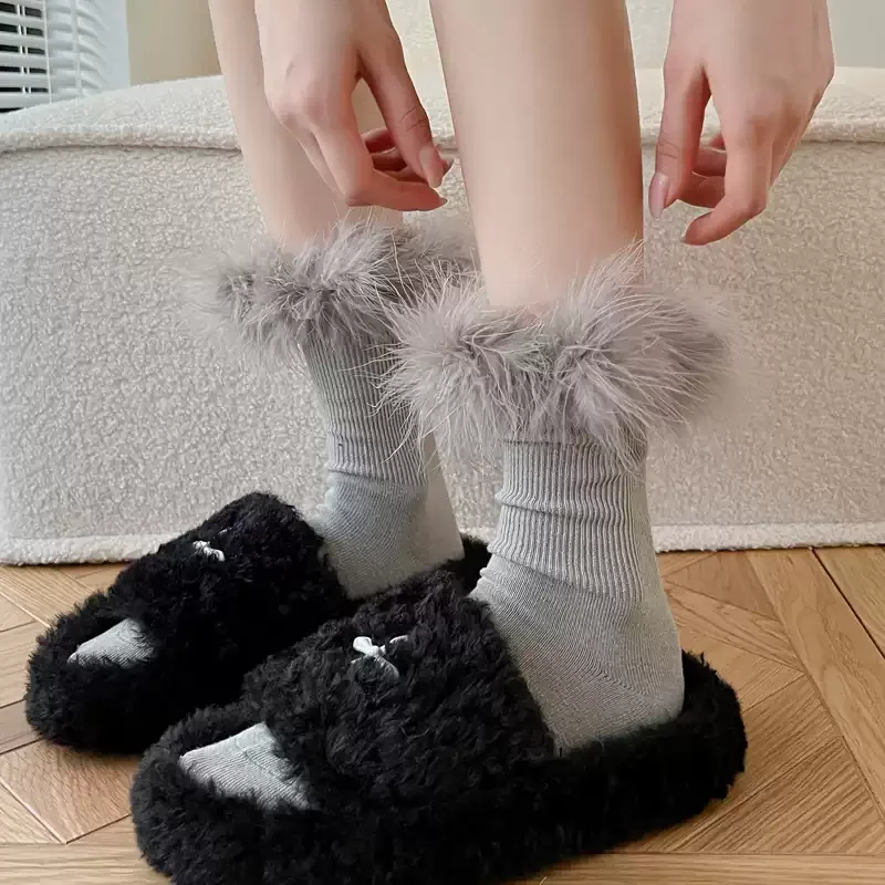 New Harajuku Kawaii Women Fluffy Fur Cuff Mid Calf Socks, Winter Thick Cotton Slouch Leg Warmers, Y2K Ins Style Stacked Socks
