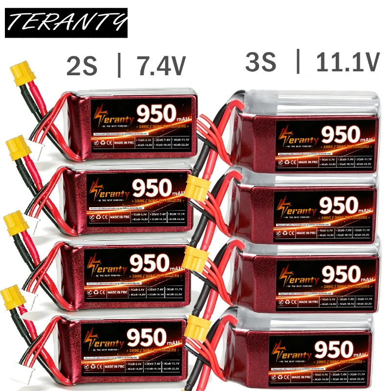 4 Stück Teranty 950mAh 100C LiPo Leichtgewichtsbatterie 2S 7,4V 3S 11,1V für 2-2,5-3 Zoll FPV-Drohne RC-Flugzeug Auto Schnellboot