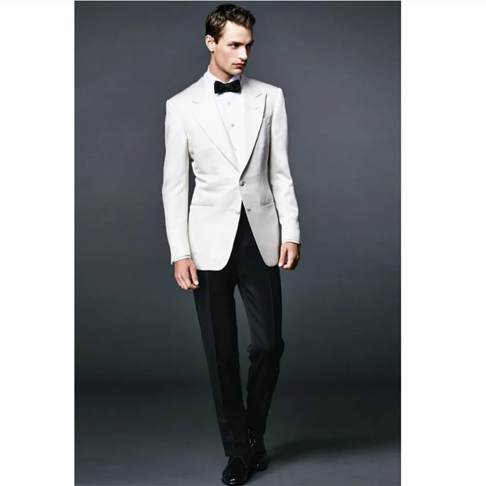 

Elegant Solid White Men Suit Single Breasted Peak Lapel Two-pieces (Jacket+Pants) Slim Fit Business Gentleman Wedding Ropa Hombr