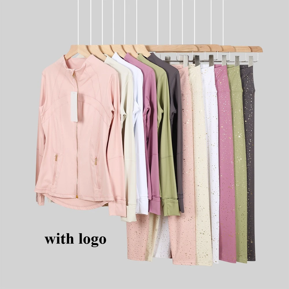 أطقم تمارين نسائية مكونة من قطعتين، وسترة قصيرة بسحاب ذهبي وسراويل ضيقة مرصعة بالنجوم، بدلة رياضية ضيقة سريعة الجفاف لصالة الألعاب الرياضية واليوجا