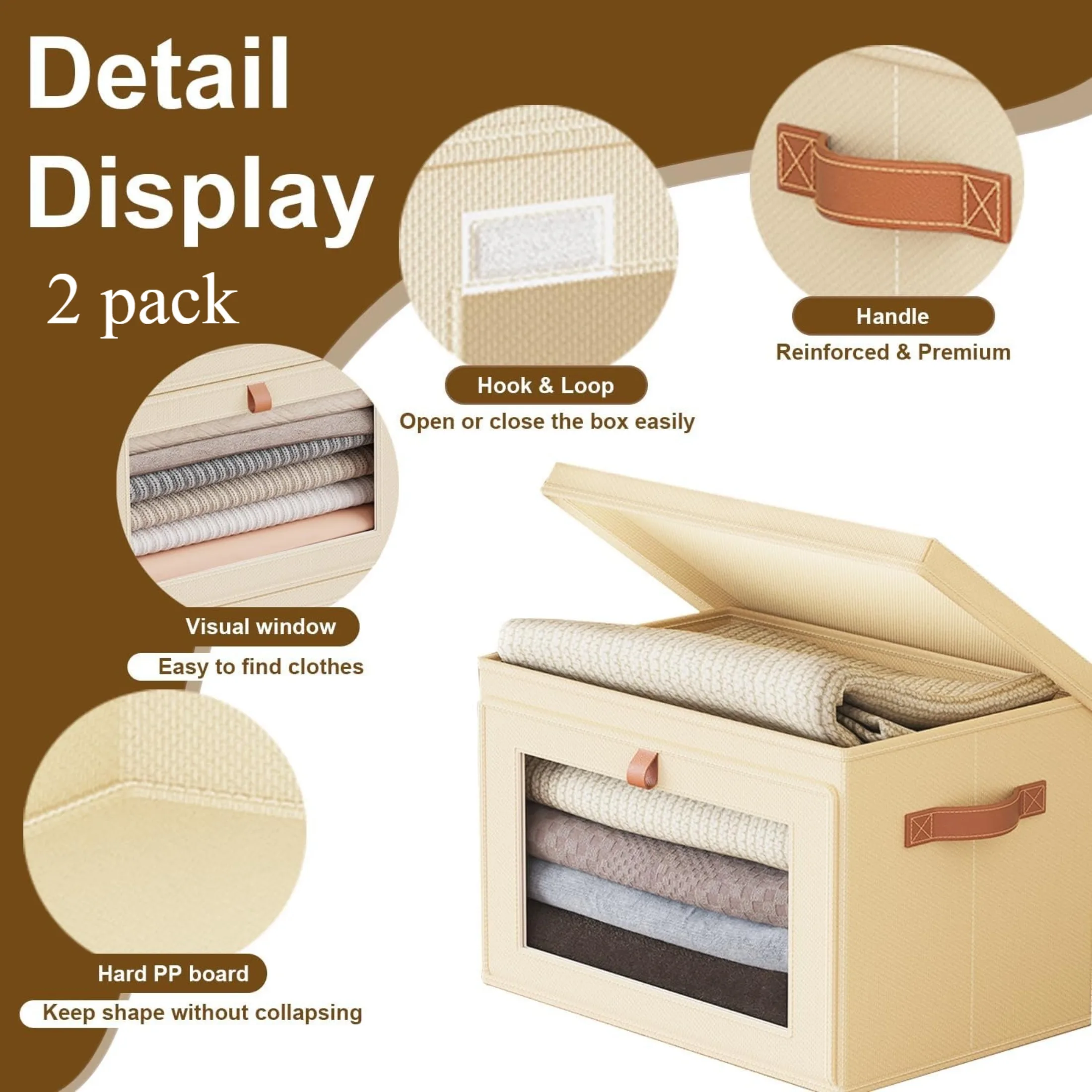 

2 large wardrobe folding storage boxes - clothes storage box with handle and window, foldable decorative box with lid, tough material, moisture-proof. Fabric containers for living rooms, dormitories