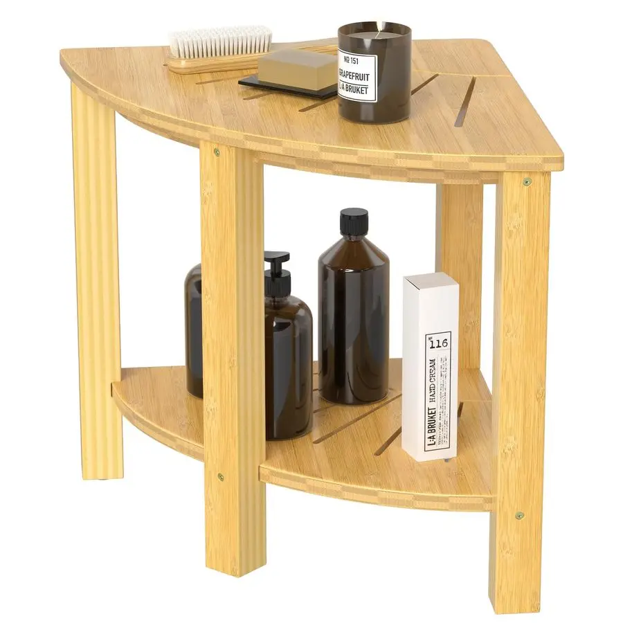 Bamboo Shower Stool Bench Corner Design with Storage Shelf Waterproof Shower Table for Spa Bath Seat in Bathroom or Inside Showe