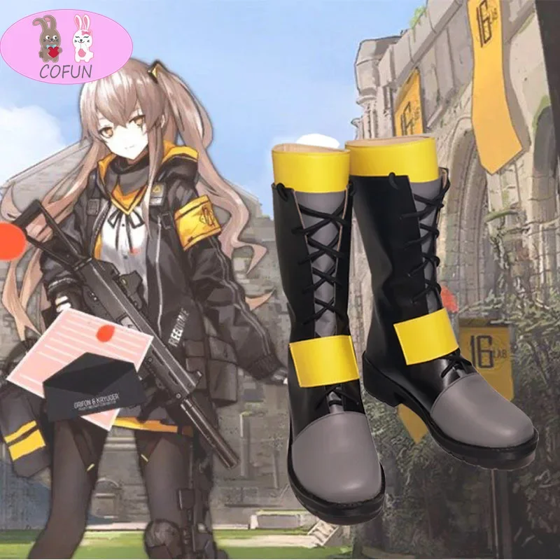 Cofun meninas frontline ump45 preto amarelo cosplay sapatos botas feitas sob encomenda para halloween natal couro do plutônio das mulheres dos homens