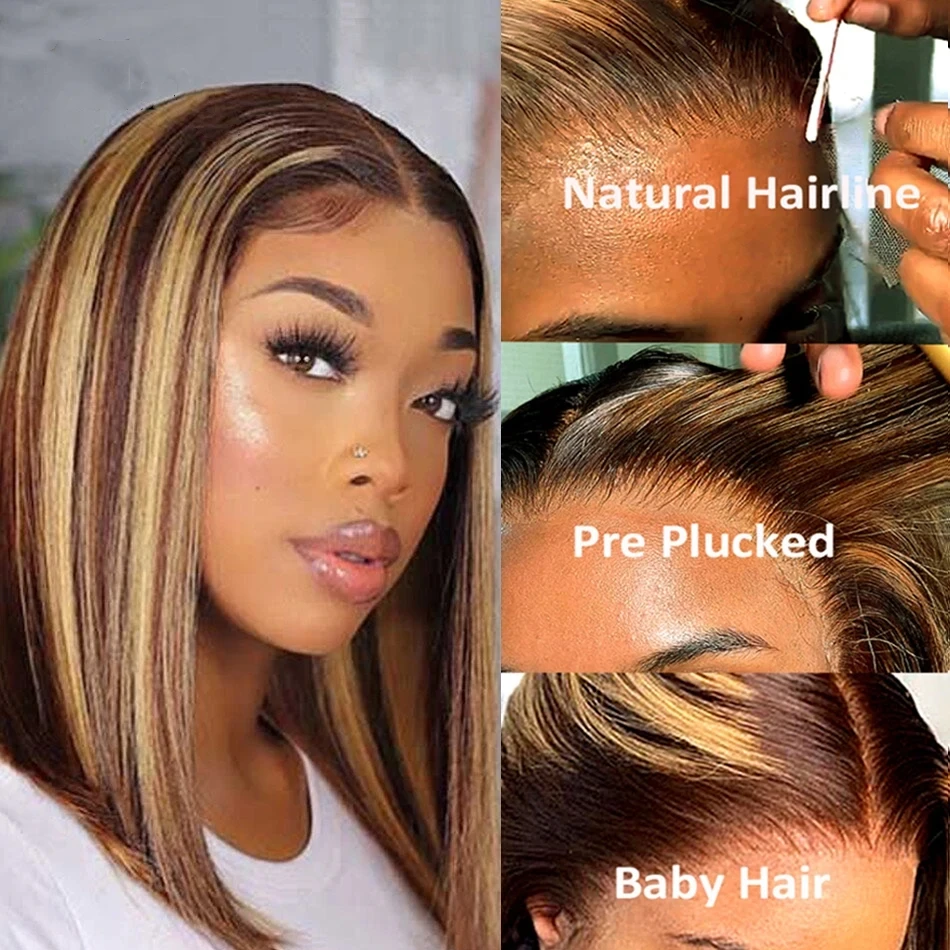 4/27# Bone Silk Straight 13x4 Transparent Lace Closure Short Bob Wigs Human Hair Ombre Highlight Lace Front Human Hair Wig Remy