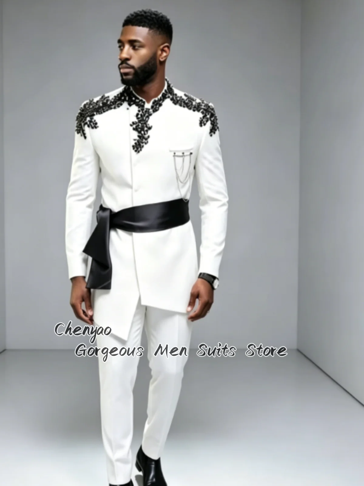 Elegant Floral Embroidery Asymmetrical Men Suits Customized Groom Tuxedos Wedding Male Blazers Formal Party Prom Sets ropa hombr