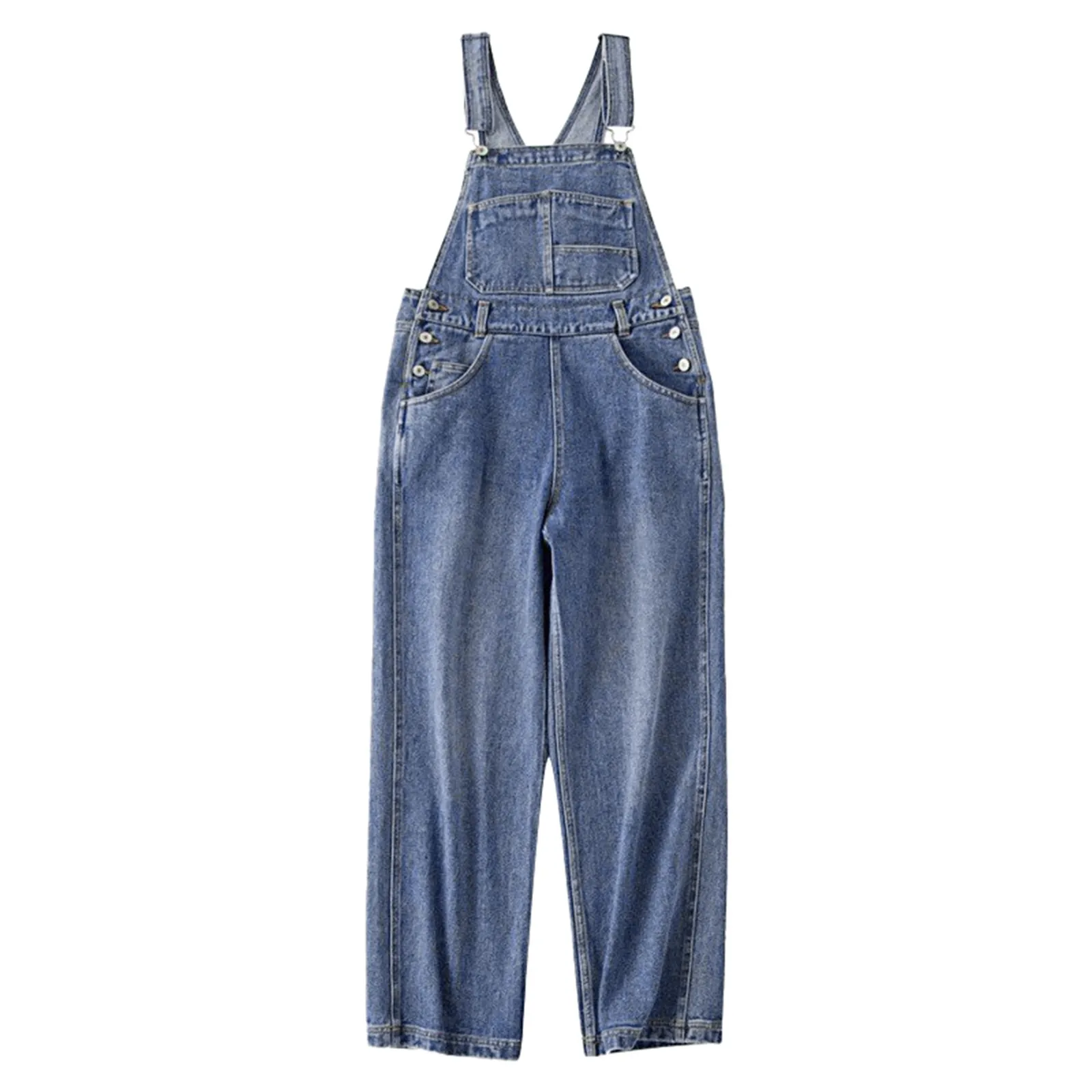 Jumpsuit Denim wanita musim panas, Jumpsuit Denim wanita, Romper pinggang tinggi, longgar, tali pinggang tinggi, overall kaki lebar, biru muda, Multi saku, 2024