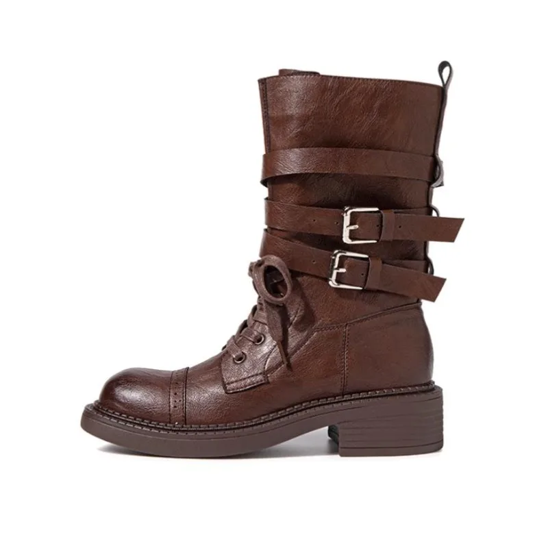 Real Leather Mid-calf Boots Women's Brown Platform Short Boots Shoes 2025 Autumn New Popular Winter Ankle Booties Tide Botas