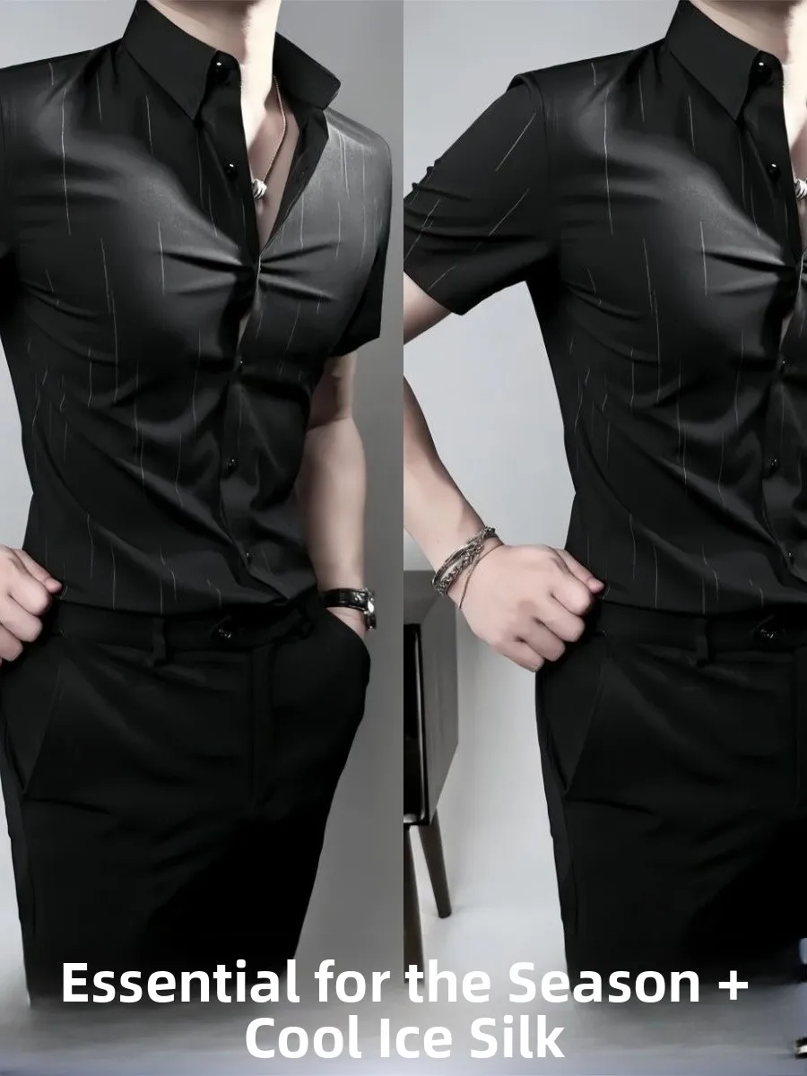 

Elegant Black Slim Fit Casual Short Sleeve Shirt Men's Summer Thin Style Iron Free Treatment Business Casual Necktie Shirt