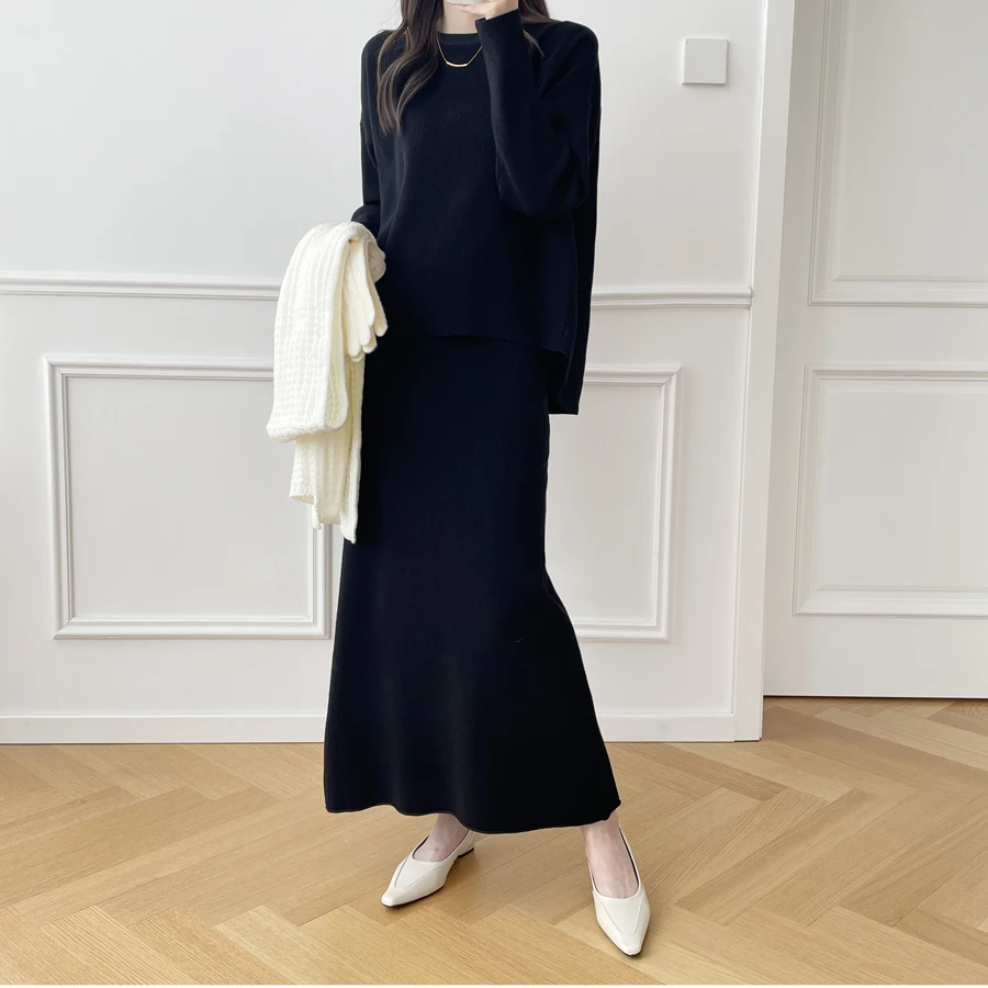 سترة تريكو نسائية لخريف وشتاء سترة فضفاضة للغاية على شكل حرف a طويلة Dr مكونة من قطعتين تأثير التخسيس مجموعة أنيقة