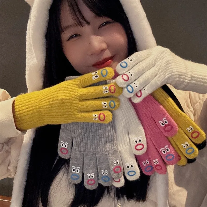 Guanti con facce carine Cinque dita per ragazze Guanti invernali caldi lavorati a maglia addensati in stile coreano adorabili Guanti touchscreen per esterni
